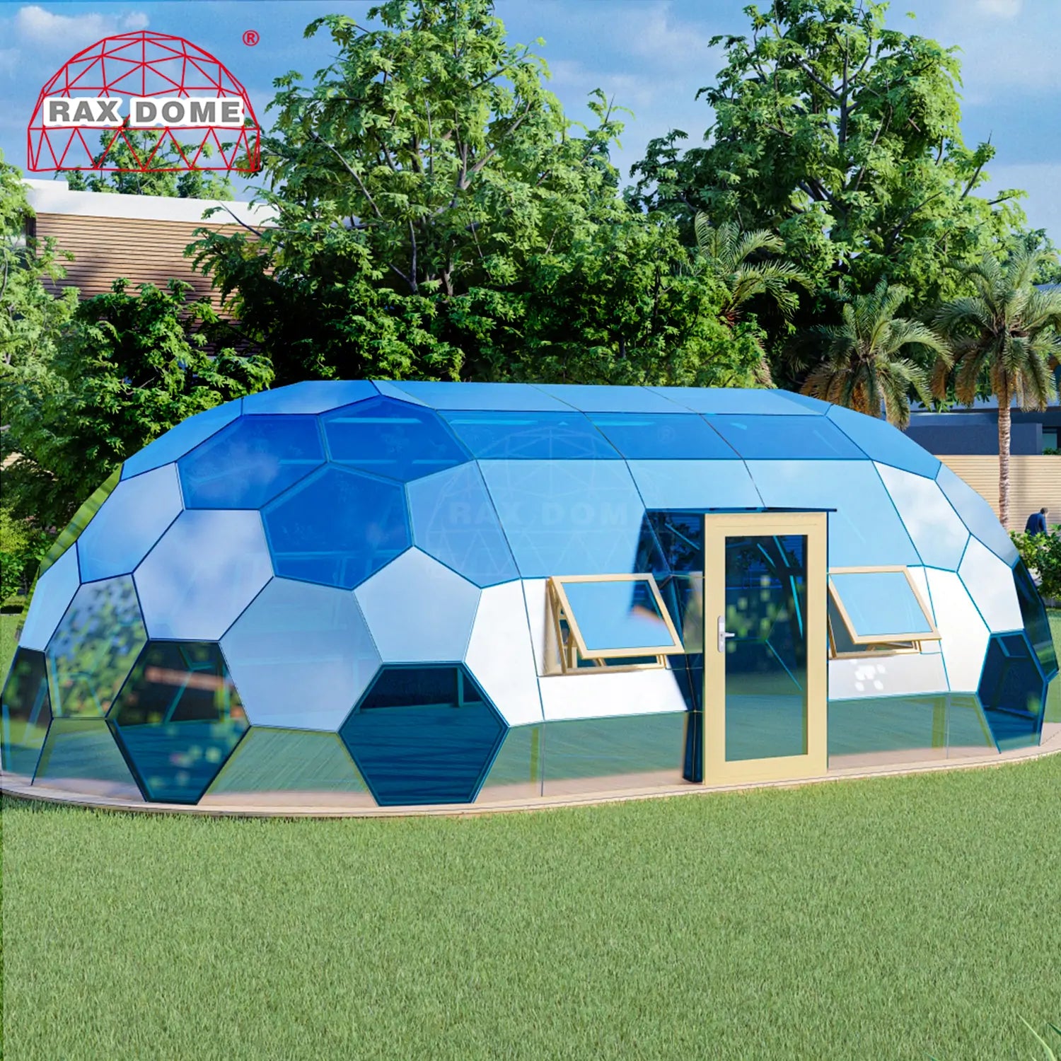6×10M Capsule Glass Dome for Resort Rooms & Reception | Blue Glass Glamping Dome House