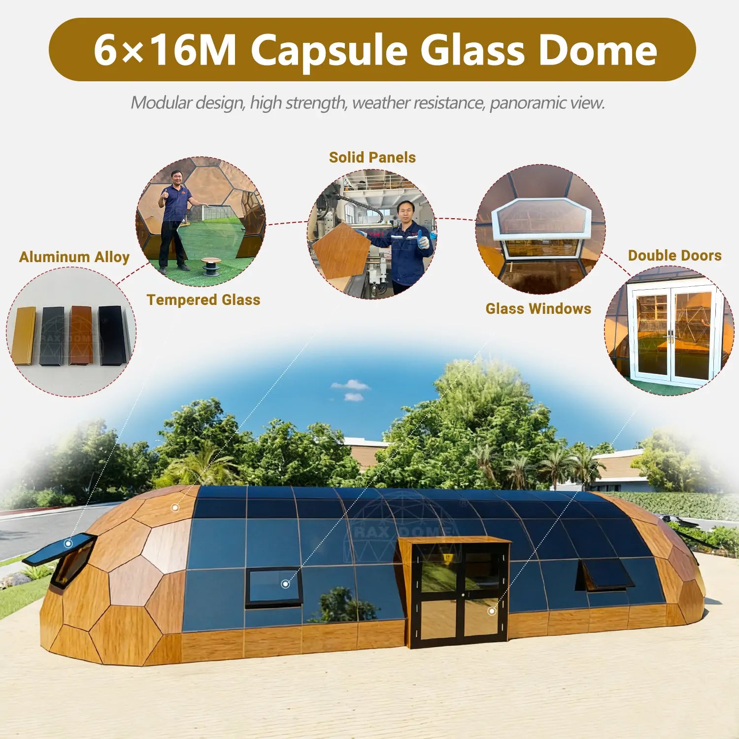 6×16M Capsule Glass Dome House for Luxury Glamping Resorts Yoga Fitting Room and Commercial Projects