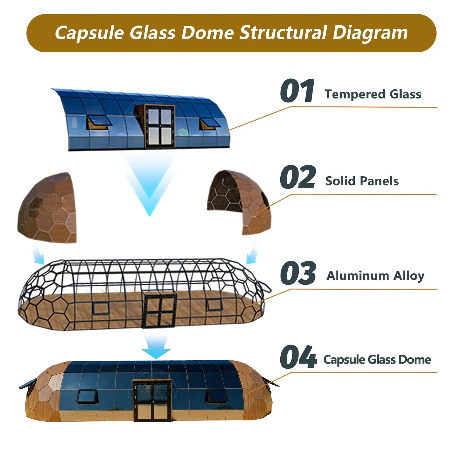6×16M Capsule Glass Dome House for Luxury Glamping Resorts Yoga Fitting Room and Commercial Projects