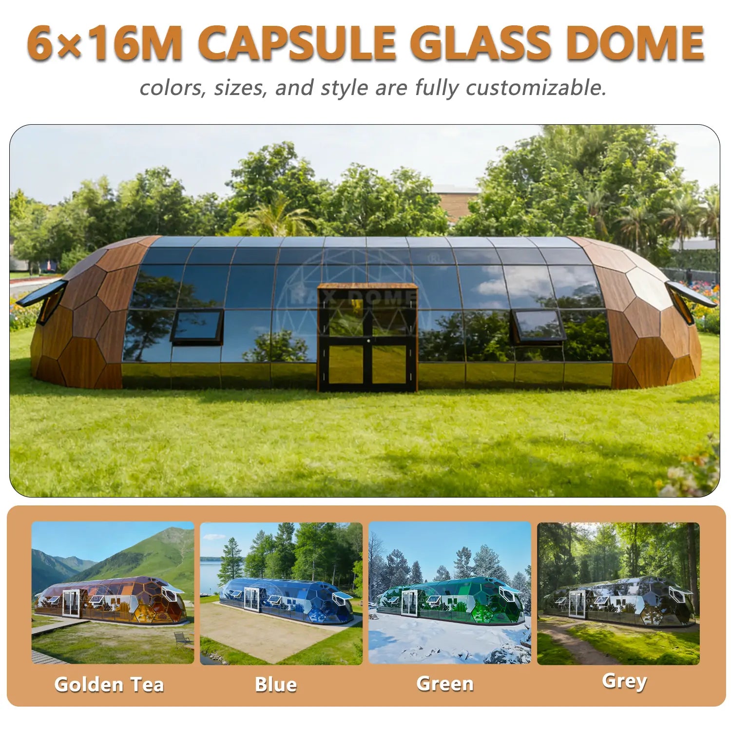 6×16M Capsule Glass Dome House for Luxury Glamping Resorts Yoga Fitting Room and Commercial Projects