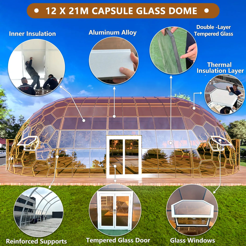 12MX21M Big Capsule Glass House for Family Resort and Yoga House with Full Tempered Glass