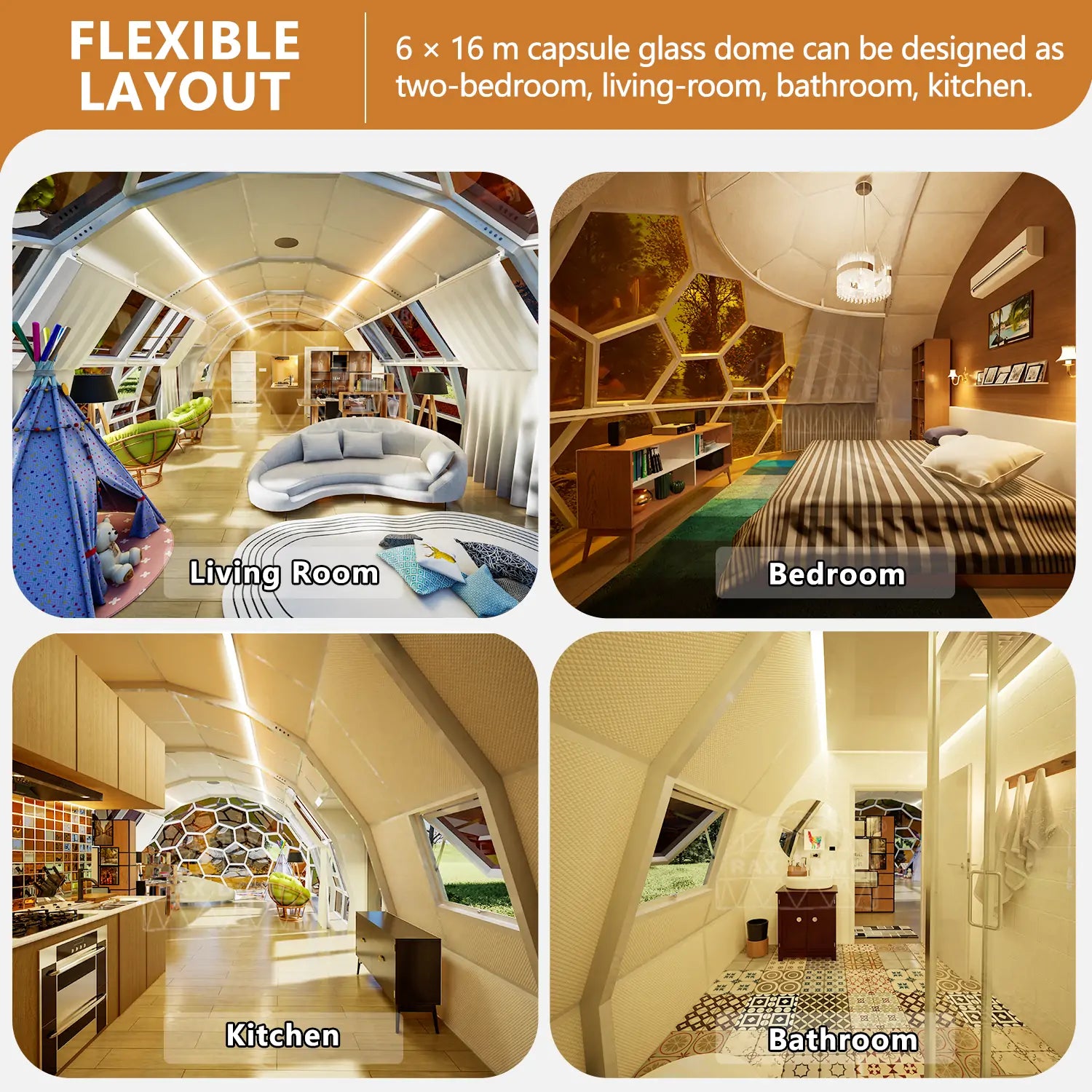 6×16M Capsule Glass Dome House for Luxury Glamping Resorts Yoga Fitting Room and Commercial Projects