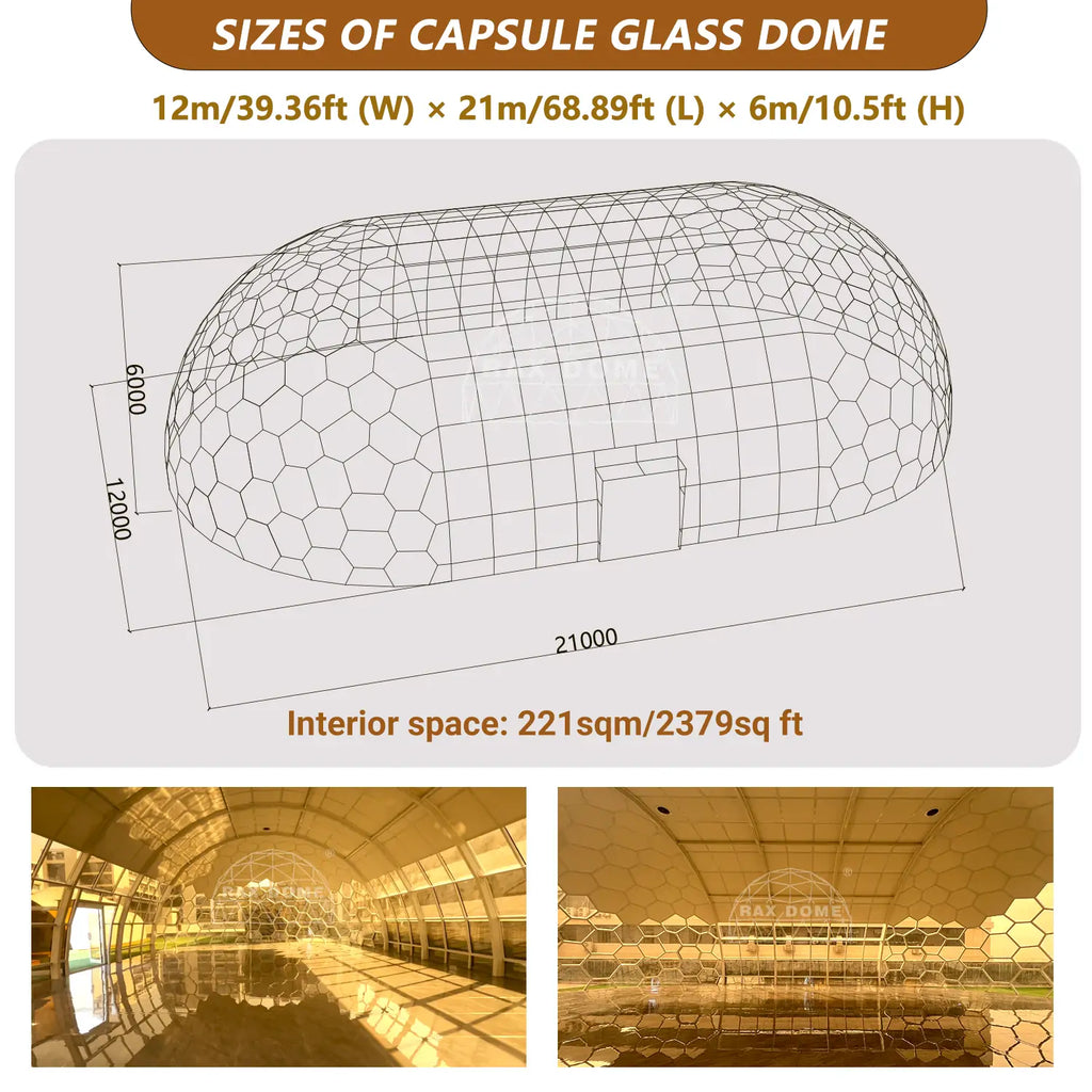12MX21M Big Capsule Glass House for Family Resort and Yoga House with Full Tempered Glass