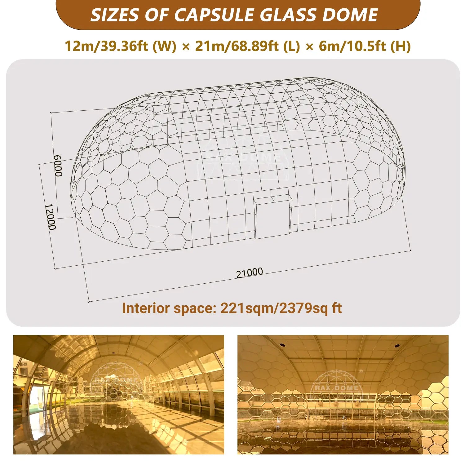 12MX21M Big Capsule Glass House for Family Resort and Yoga House with Full Tempered Glass