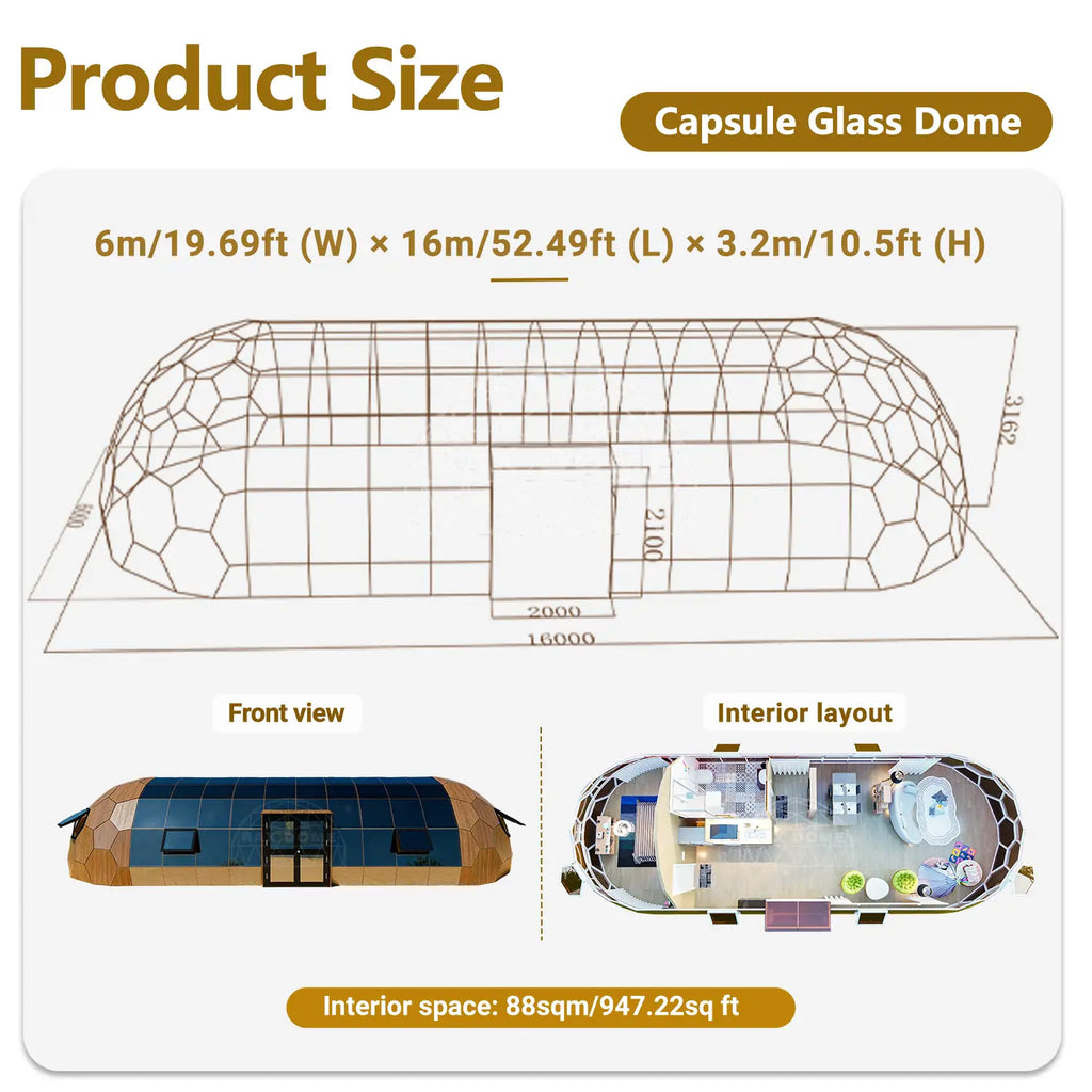 6×16M Capsule Glass Dome House for Luxury Glamping Resorts Yoga Fitting Room and Commercial Projects