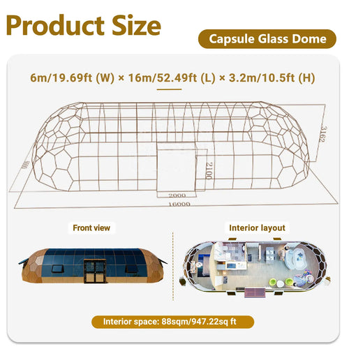 6×16M Capsule Glass Dome House for Luxury Glamping Resorts Yoga Fitting Room and Commercial Projects